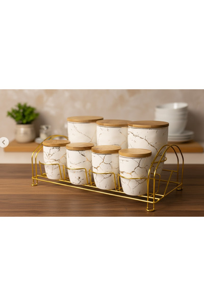 Perotti Porselen Baharat Takımı 7 Parça Metal Standlı Bambu Kapaklı