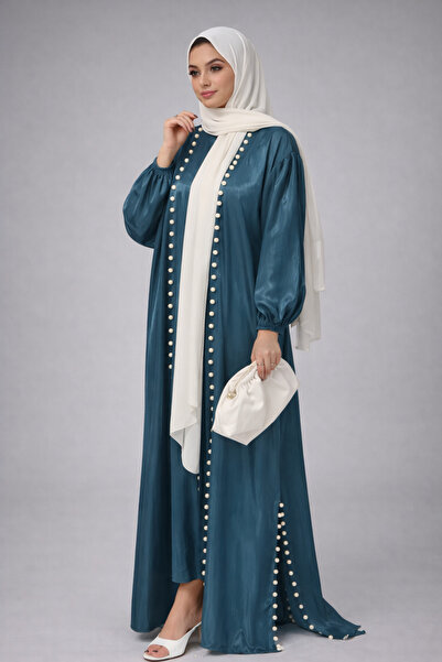 Generic OrientC Pearl Trim Satin Abaya Maxi Dress Elegant Modest Long Sleeve