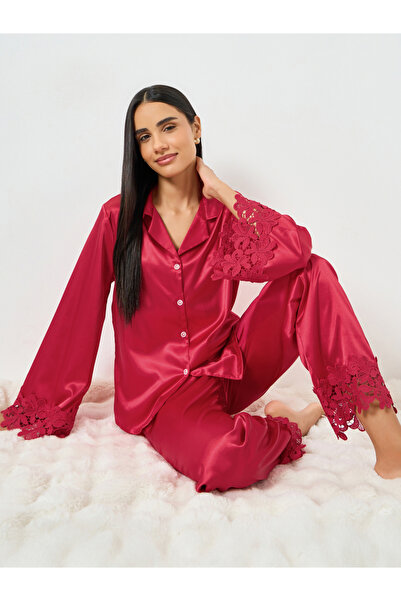 Take Two By Styli Burgundy Lace Trim Satin Shirt and Pyjama Set