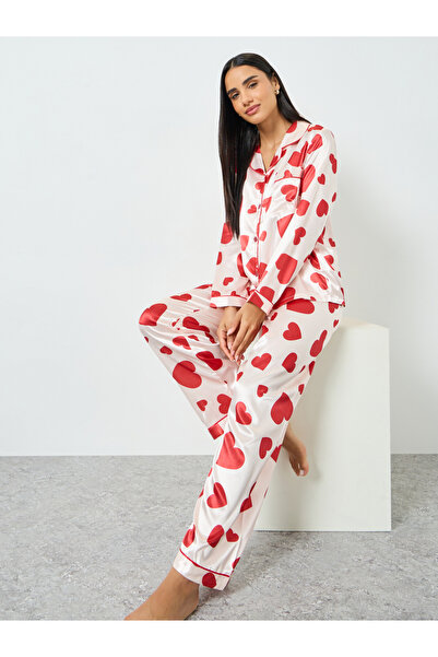 Take Two By Styli Light Pink Heart Print Shirt and Pyjama Set