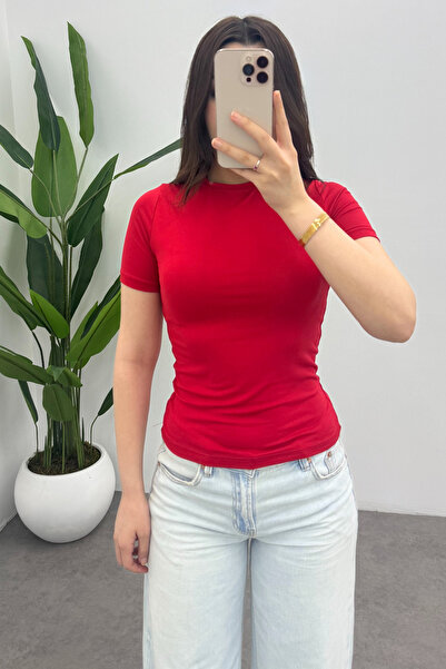 Ladima Women's Red Crew Neck Short Sleeve Blouse