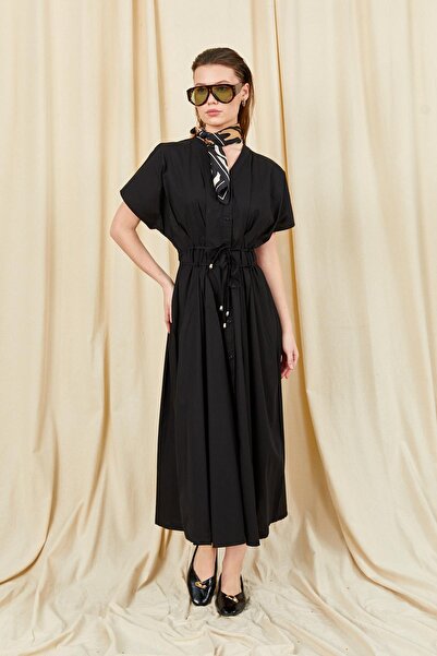 TENA Women's Black 199 Low Sleeve Pleated Detailed Buttoned Front Poplin Dress