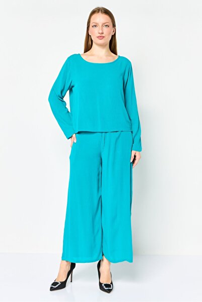 freesoul Women 2 Pcs Solid Blouse And Palazzo Pants Set, Turquoise