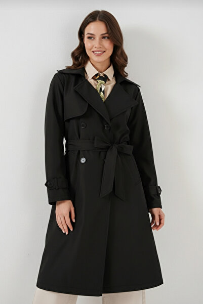 YXC Trend Maker Double Breasted Collar Black Women's Trench Coat