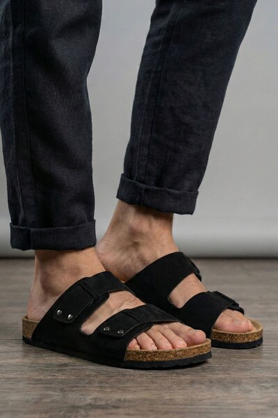 İncim Comfort Pin-Strapped Black Men's Slippers Daily Beach Slippers