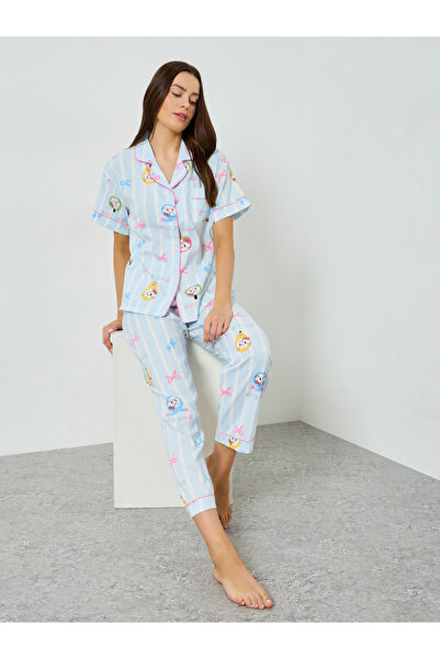 Styli Cat Striped Print Shirt and Pyjama Set