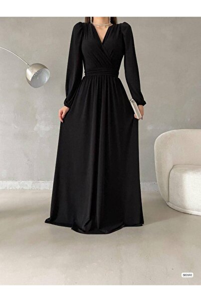 Modafeminen فستان أسود طويل بياقة مزدوجة 582692