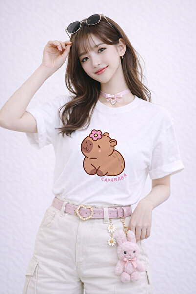 FANA Capybara Printed Unisex White Loose Fit T-Shirt – Oversize Cut 100% Cott...