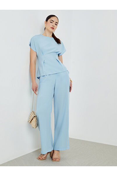 Styli Blue Pleated Waist Top and Trousers Co-Ords