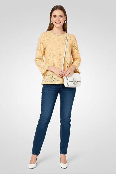 Karl Lagerfeld Women Round Neck Long Sleeve Embroidered Blouse, Orange