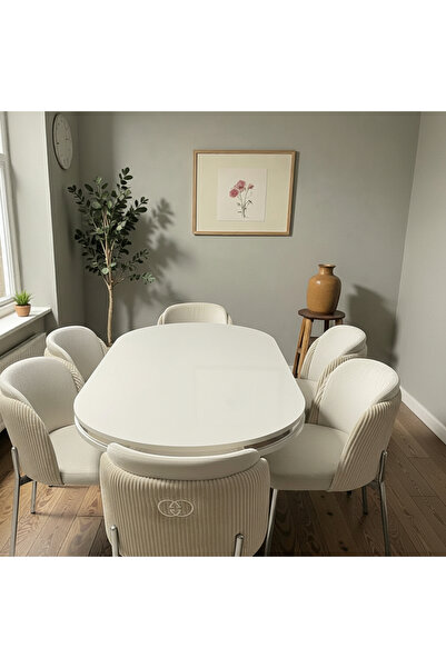MSY HOME 6 Kişilik Aura Krom Serisi Beyaz Lake Oval Yemek Masası ve Puffy Kre...