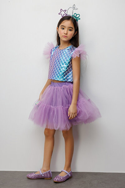Le Mabelle Set fustă scurtă din tul cu imprimeu sirenă liliac și detalii - Tammy