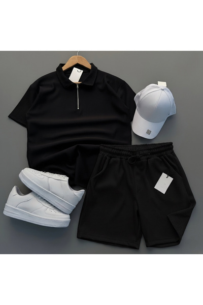 NewCabin Ribbed Ottoman Premium Fabric Half Zipper Unisex T-Shirt and Shorts ...