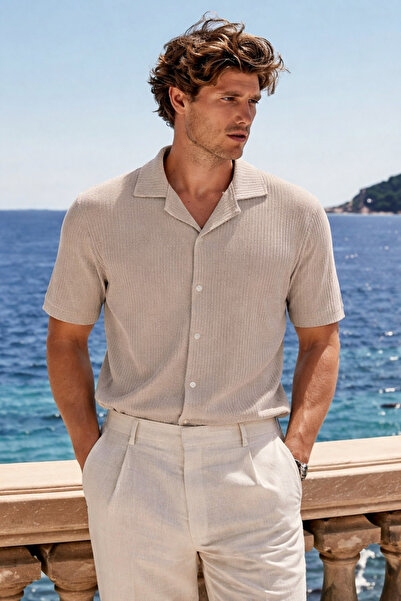 DAMGA JEANS Men's Premium Comfort Polo Collar Cream Linen Shirt