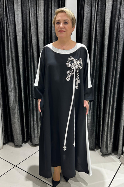 selma Büyük Beden İnci Taşlı Kurdele Tasarımlı Elbise