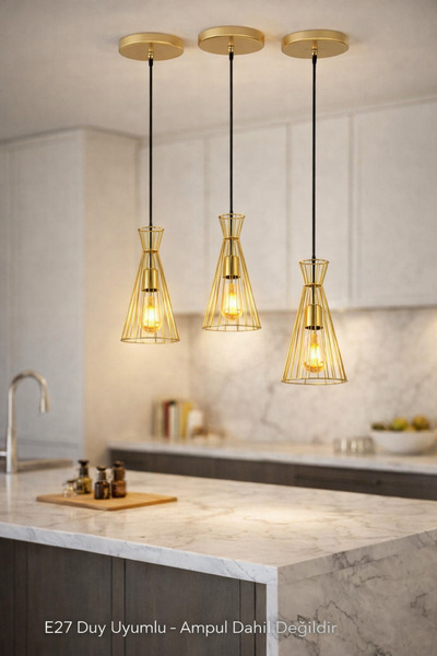 PRİMELUXRY SHOP AVİZE Modern Tel Kafes Üçlü Sarkıt Avize – Altın