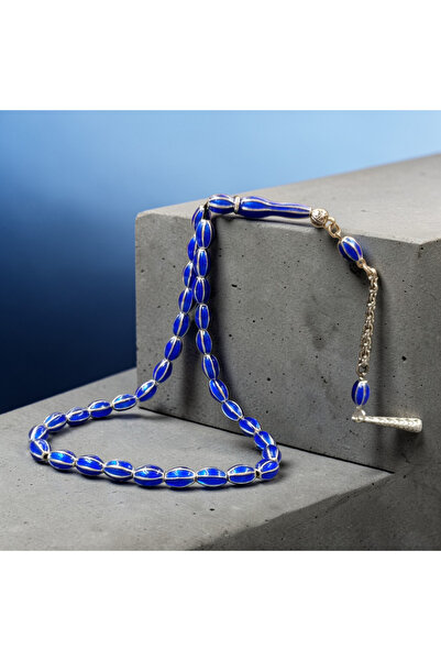 İnan Tesbih Mine Craftsmanship Silver Plated Navy Blue Color Barley Cut Praye...