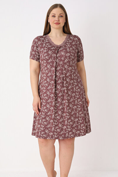 İntensive Women's Plus Size Brown Patterned Lycra Lace Short Sleeve Nightgown