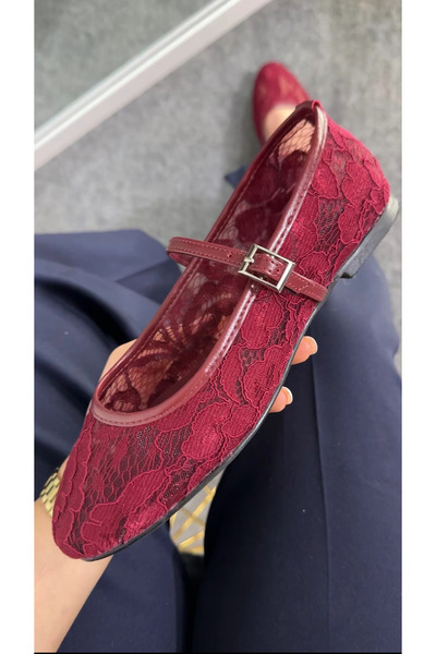 Akça Shoes Bordo Dantel Kumaşlı Babet