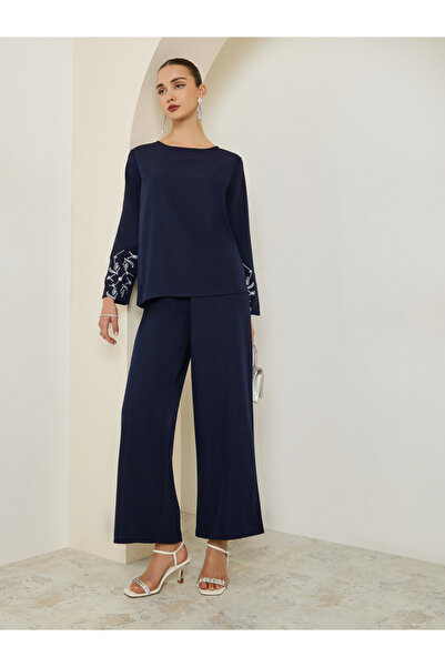Styli Dark Blue Embroidered Top and Trousers Co-Ords