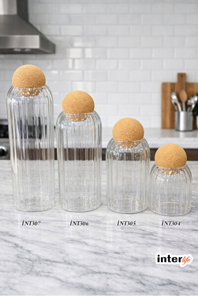 İnterlife Striped Glass Storage Jar with Cork Lid – 4 Sizes Food Coffee Tea S...
