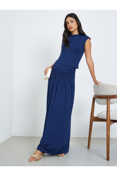 Styli Navy Knit Sleeveless Top and Maxi Skirt Co-Ords