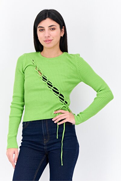 ASOS Design Women Round Neckline Textured Long Sleeve Top, Lime Green