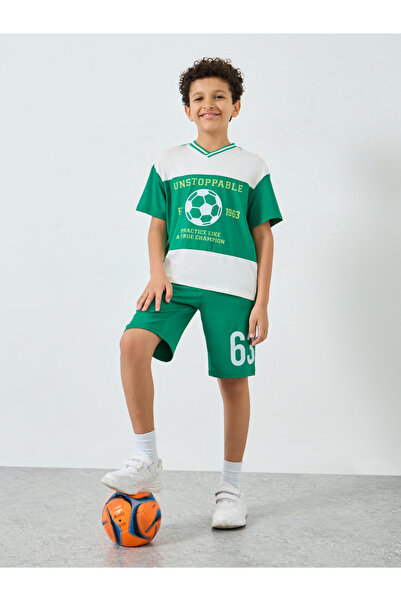 Styli Boys Green Football Graphic T-Shirt and Shorts Set
