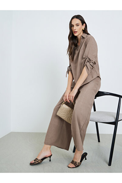 Take Two By Styli Tan Linen Tie-Sleeve Top and Trousers Co-Ords