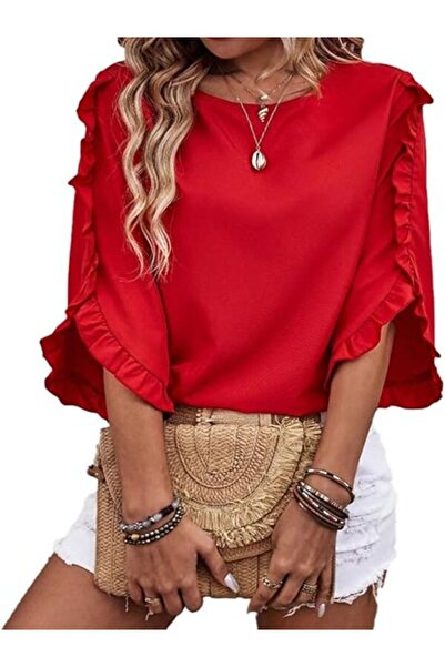 NO BRAND Women's Casual Blouse Pure Color Breathable 3/4 Sleeve Ruffled Round...