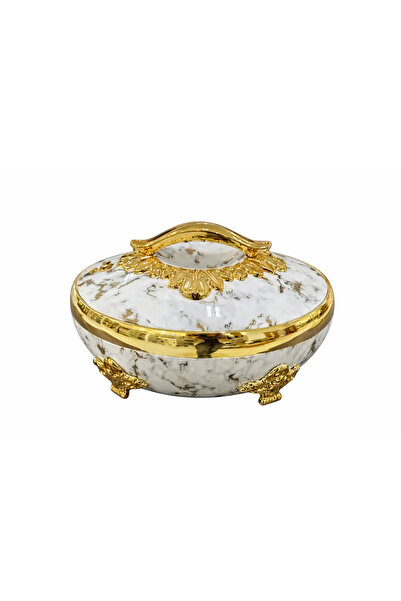 WDA Decorative Marble Pattern Box with Gold Trim, Round Storage Container wit...
