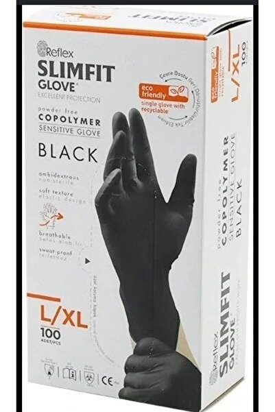 Reflex Slimfit Glove L/XL Siyah Pudrasız Muayene Eldiven 100lü