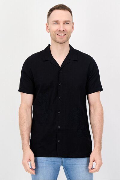 Threadbare Men Regular Fit Short Sleeve Embroidered Casual Shirt, Black