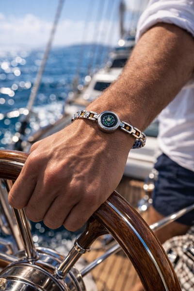 vogutima سوار فولاذي للرجال - بوصلة حقيقية - سوار فولاذي للرجال مع قرص دوار ف...