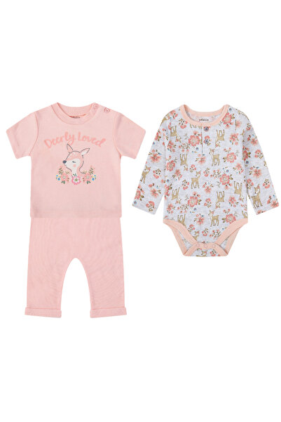 Infancie By Styli طقم مكون من 3 قطع: بدلة جسم مزينة بالزهور، تي شيرت مطبوع عل...