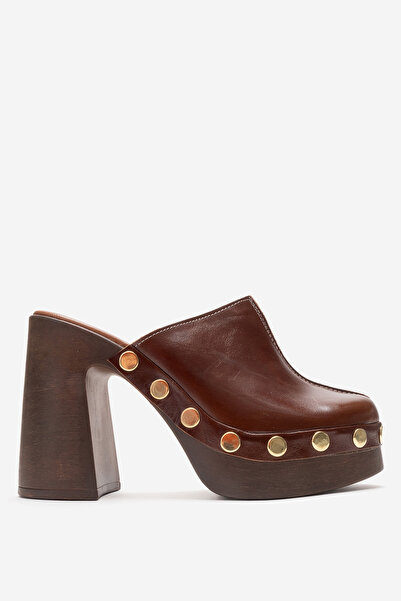 Dericlub Women's Thick Platform Heeled Clogs Slippers Real Leather Zy 4131 Taba