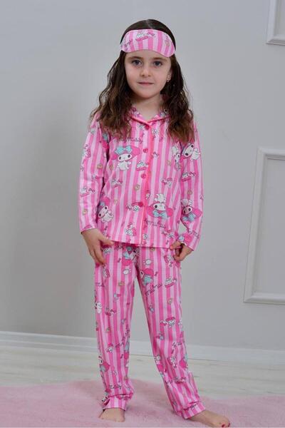 pebby Kız Çocuk Desenli Uzun Kollu Pijama Takımı - Göz Bantlı