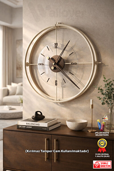 Wallover Design XL Boy Jumbo Modern Sessiz Duvar Saati - Bej / Ceviz Detaylı,...