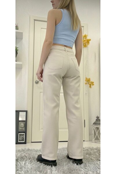 ON KLEEM Beige Pallazo Denim Trousers 100% Cotton Full Fit