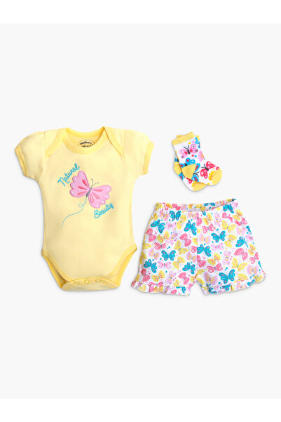 Mother's Choice By Styli 3-Piece Butterfly Print Bodysuit, Shorts and Socks Set