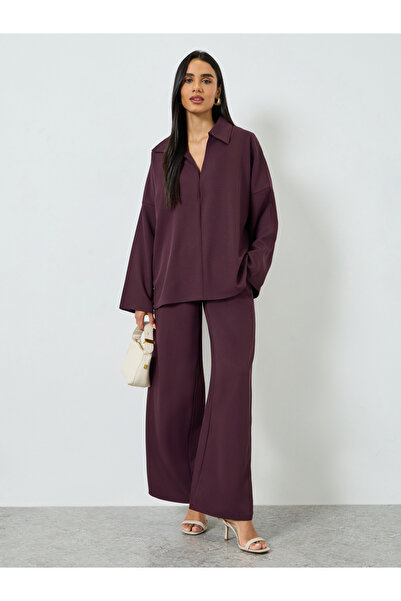 Take Two By Styli Women's Solid Lapel Neck Long Sleeve Top With Pants Set