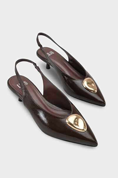 LOJO Women's Stiletto Gold Buckle Pointed Toe Open Back Heeled Shoes Jaris Brown