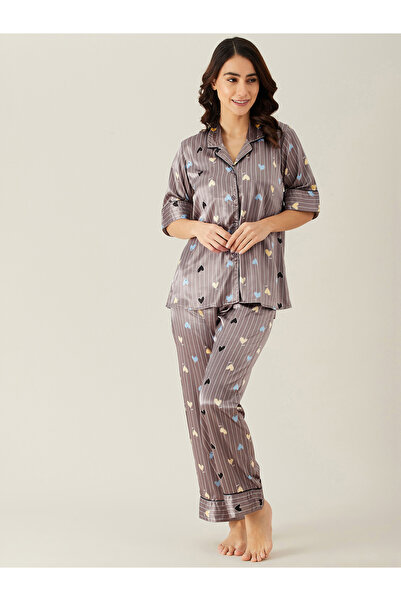 The Kaftan Company By Styli Brown Heart Print Satin Shirt and Pyjama Set