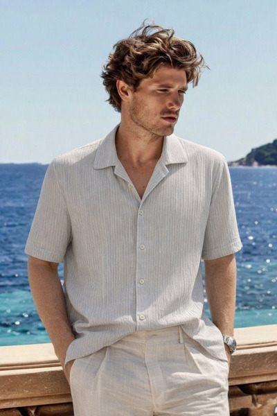 DAMGA JEANS Men's Premium Comfort Polo Collar Gray Linen Shirt