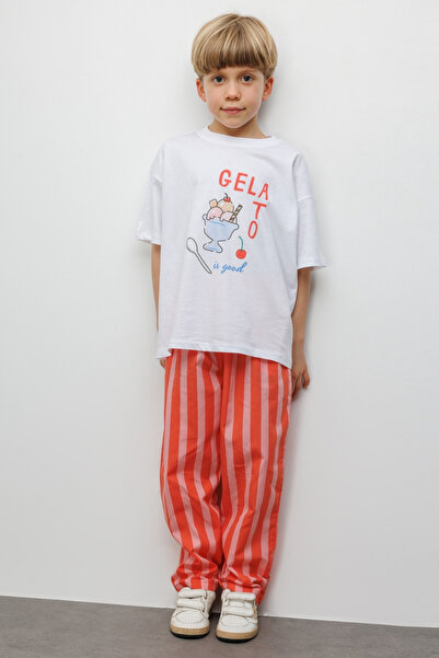 Le Mabelle Red Gelato Printed Striped Patterned Kids T-Shirt and Pants Set - ...
