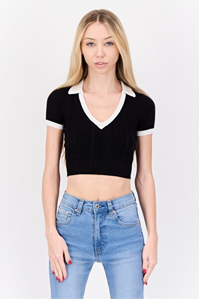 Don't Call Me Jennyfer Women V Neck Short Sleeves Knitted Cropped Top, Black