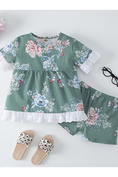 Take Two By Styli Girls Green Floral Print Top and Shorts Pyjama Set