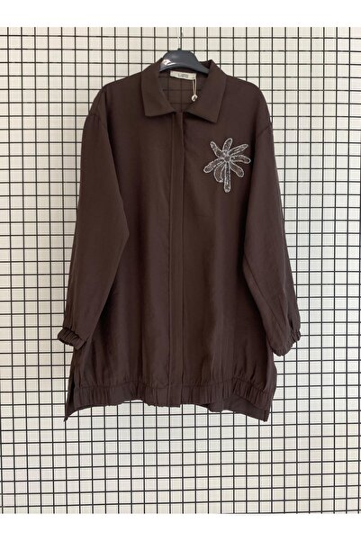 Armine Stone Detailed Shirt Collar Zippered Modal Fabric Summer Tunic