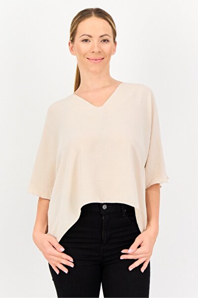 Ulyashova Women V-Neck Short Sleeves Plain Blouses, Beige