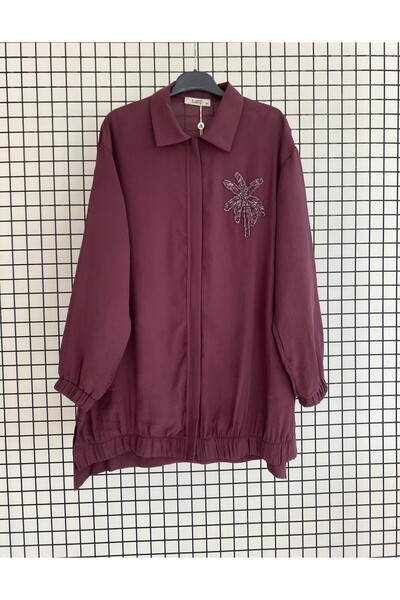 Armine Stone Detailed Shirt Collar Zippered Modal Fabric Summer Tunic